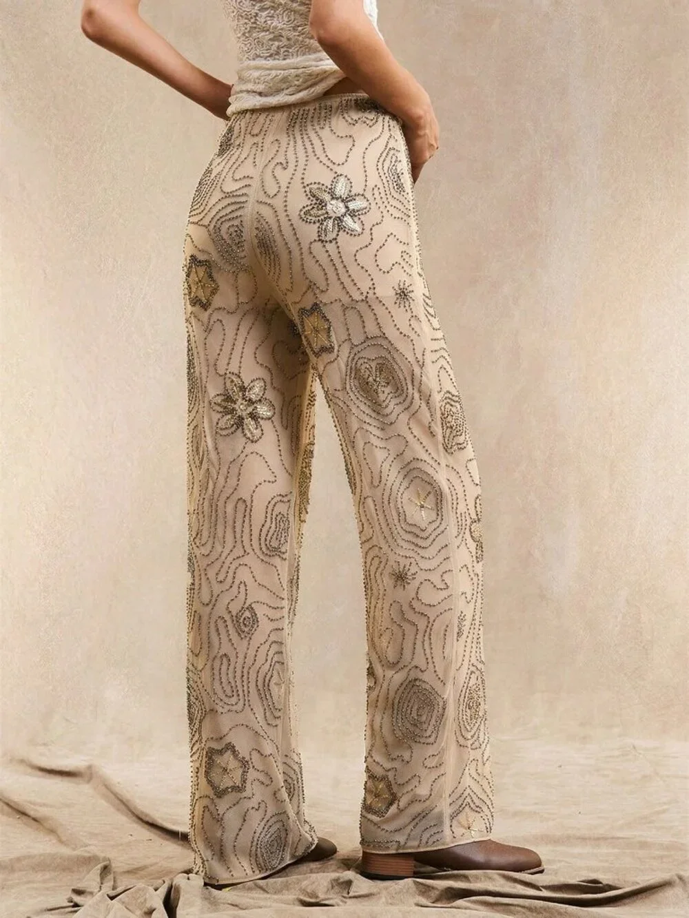 Apricot Boho Women's Loose Straight Leg Pants With Beaded Pattern